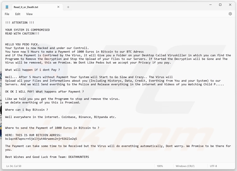DeathHunters ransomware nota de resgate (Read_it_or_Death.txt)