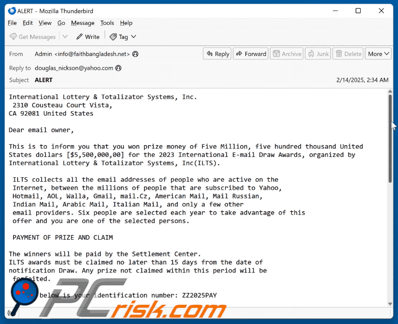 International Lottery & Totalizator Systems aparência de e-mail fraudulento (GIF)