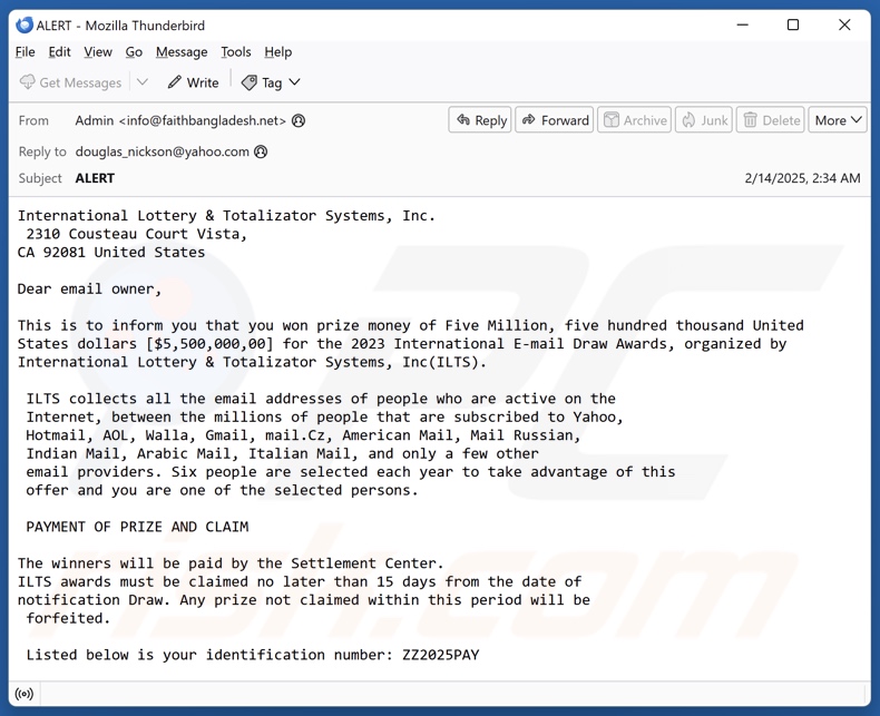International Lottery & Totalizator Systems campanha de spam por correio eletrónico