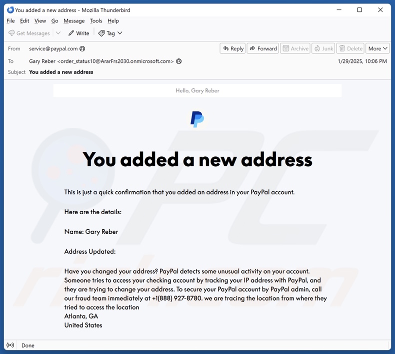 PayPal - You Added A New Address variante alternativa do e-mail fraudulento