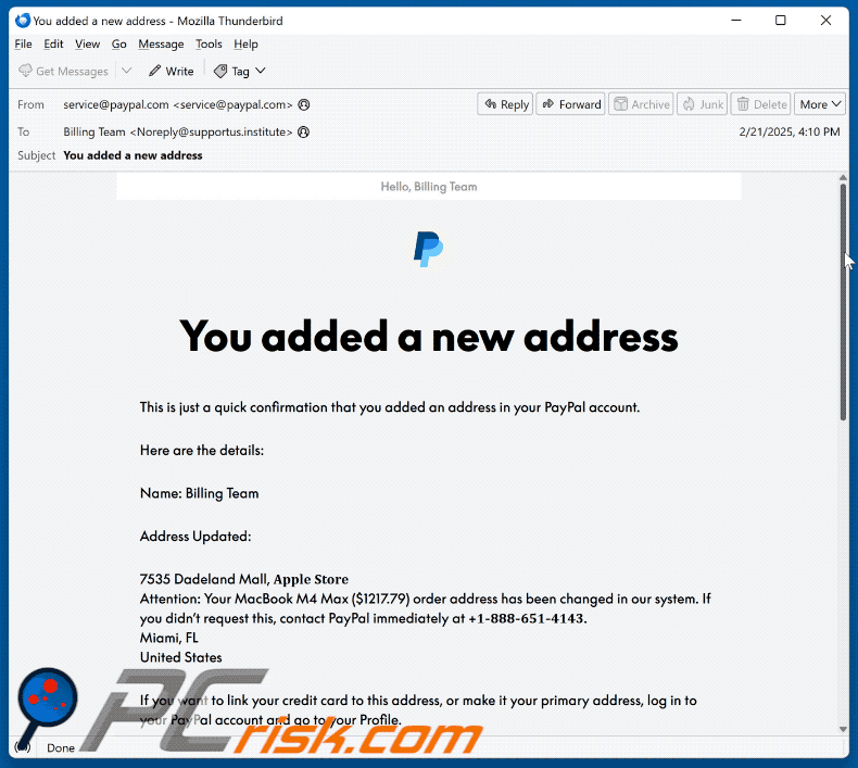 PayPal - You Added A New Address aparência de e-mail fraudulento (GIF)
