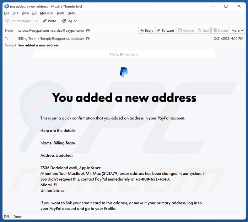 PayPal - You Added A New Address campanha de spam por correio eletrónico