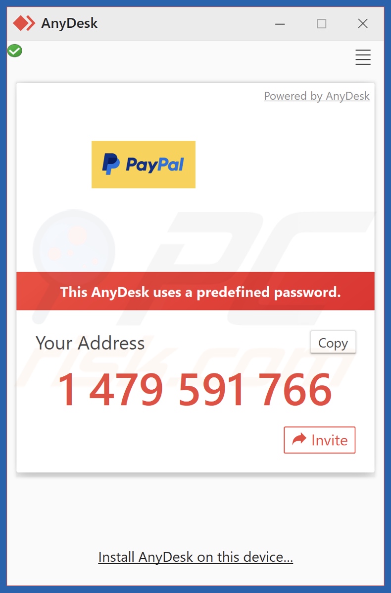 PayPal - You Added A New Address e-mail fraudulento promoveu o ficheiro .exe pré-configurado do AnyDesk