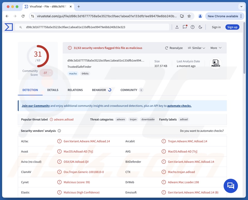 TrustedSafeFinder adware detecções no VirusTotal