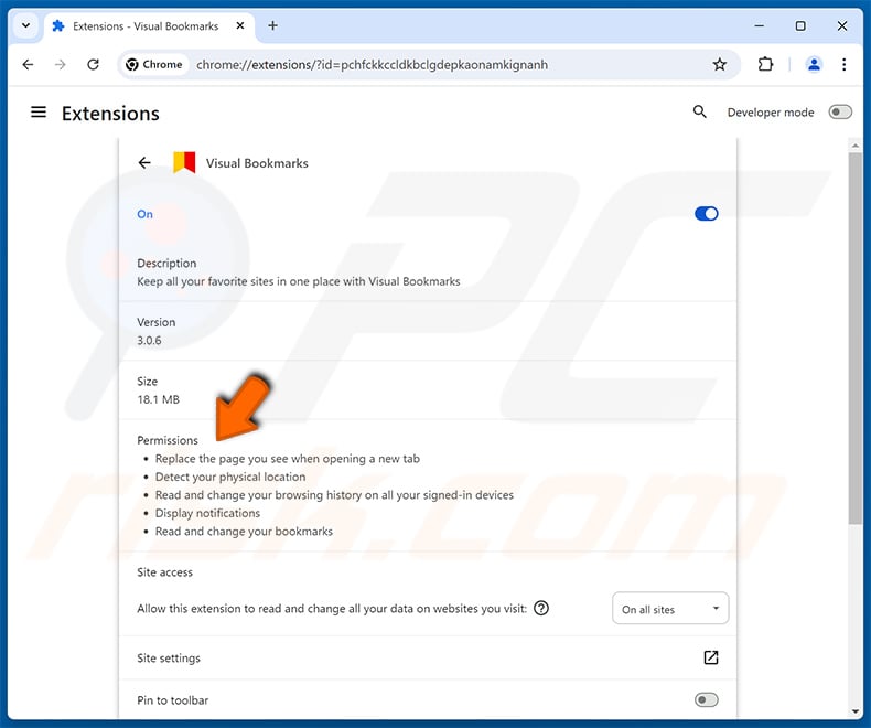 Extensão do navegador Visual Bookmarks que promove o yandex.ru