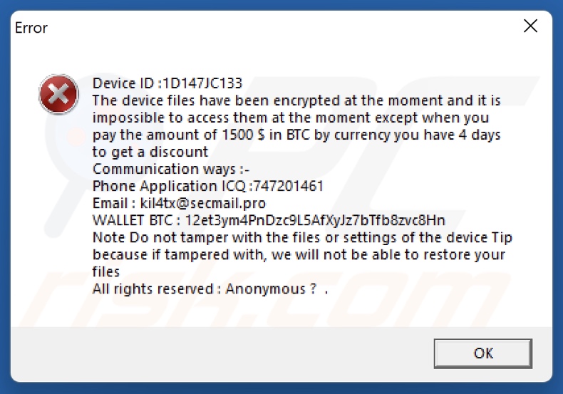 Anonymous (Xorist) ransomware nota de resgate (pop-up)
