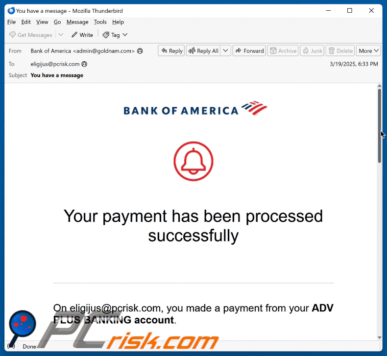 Bank Of America - Payment Processed Successfully Aparência do esquema de e-mail