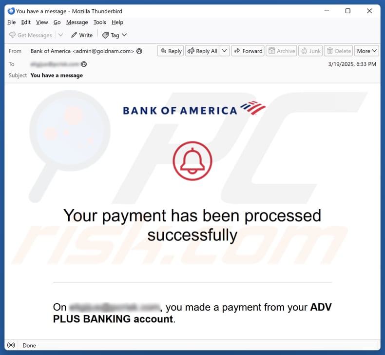 Bank Of America - Payment Processed Successfully campanha de spam por correio eletrónico