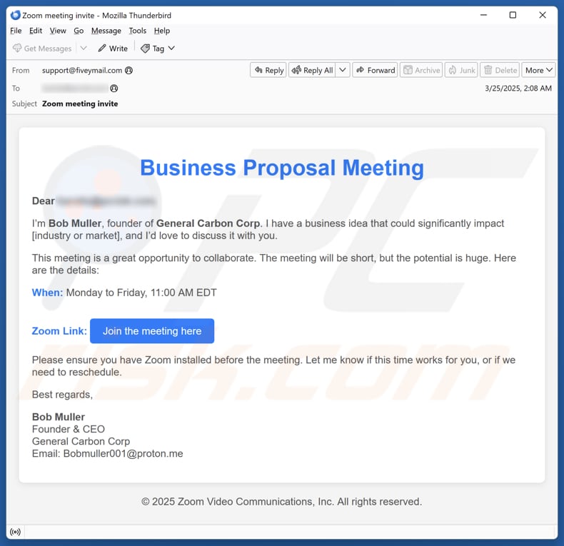 Business Proposal Meeting campanha de spam por correio eletrónico