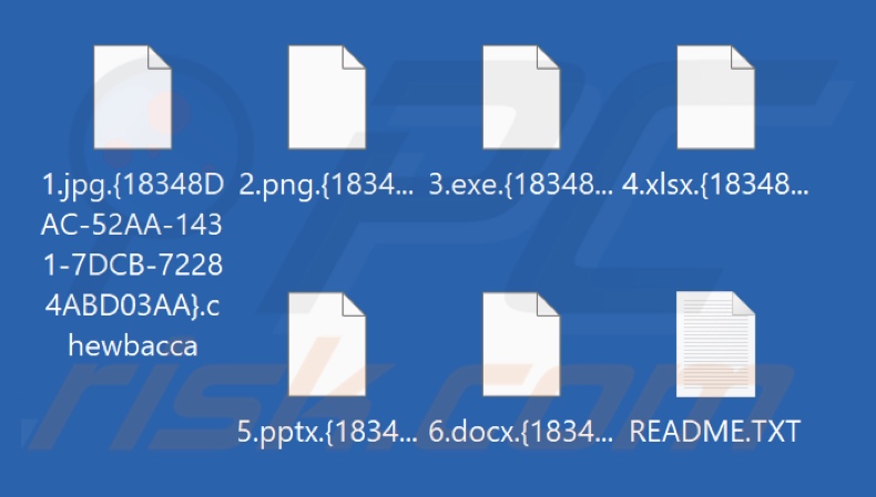 Ficheiros encriptados pelo ransomware Chewbacca (extensão .{ID da vítima}.chewbacca)