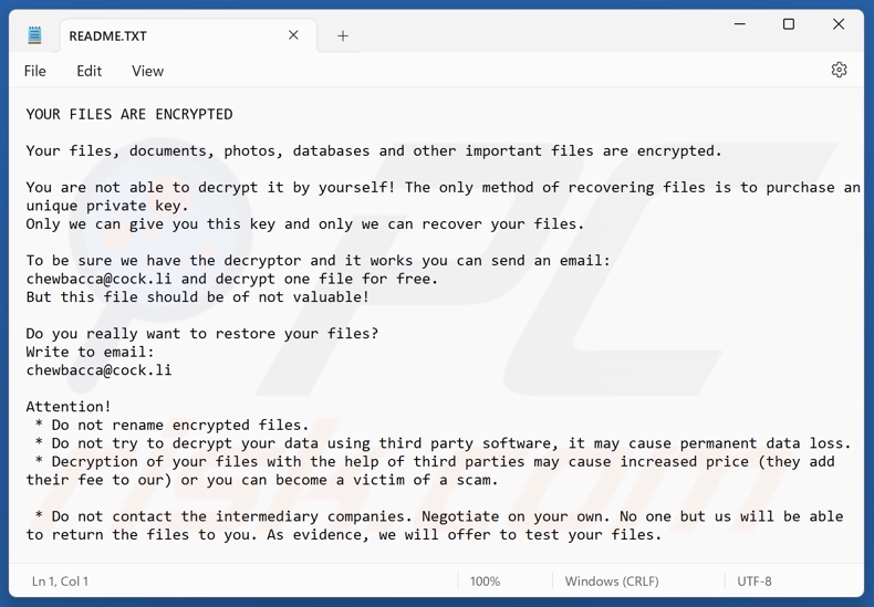 Chewbacca ransomware nota de resgate (README.TXT)