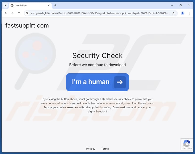 Website utilizado para promover a aplicação potencialmente indesejada GuardGlider