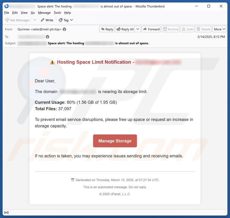 Hosting Space Limit Notification campanha de spam por correio eletrónico