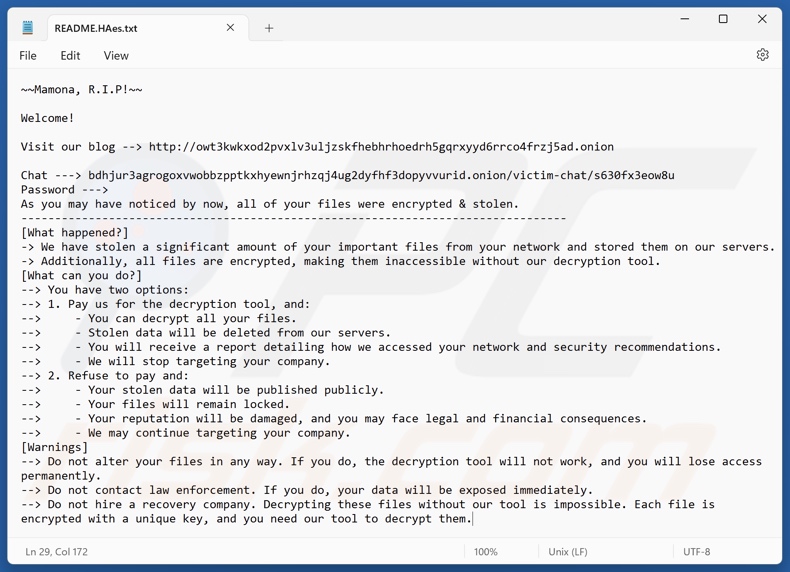 Mamona ransomware nota de resgate (README.HAes.txt)