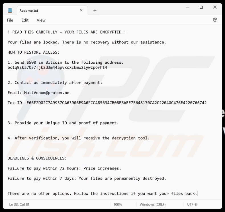 MattVenom ransomware ficheiro de texto (Readme.txt)