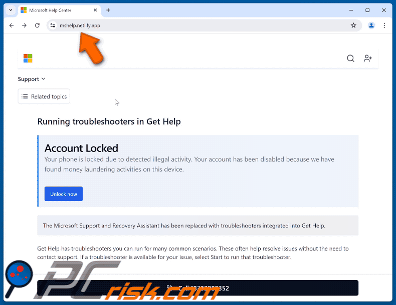 Aparência de Microsoft Account Locked fraude (GIF)