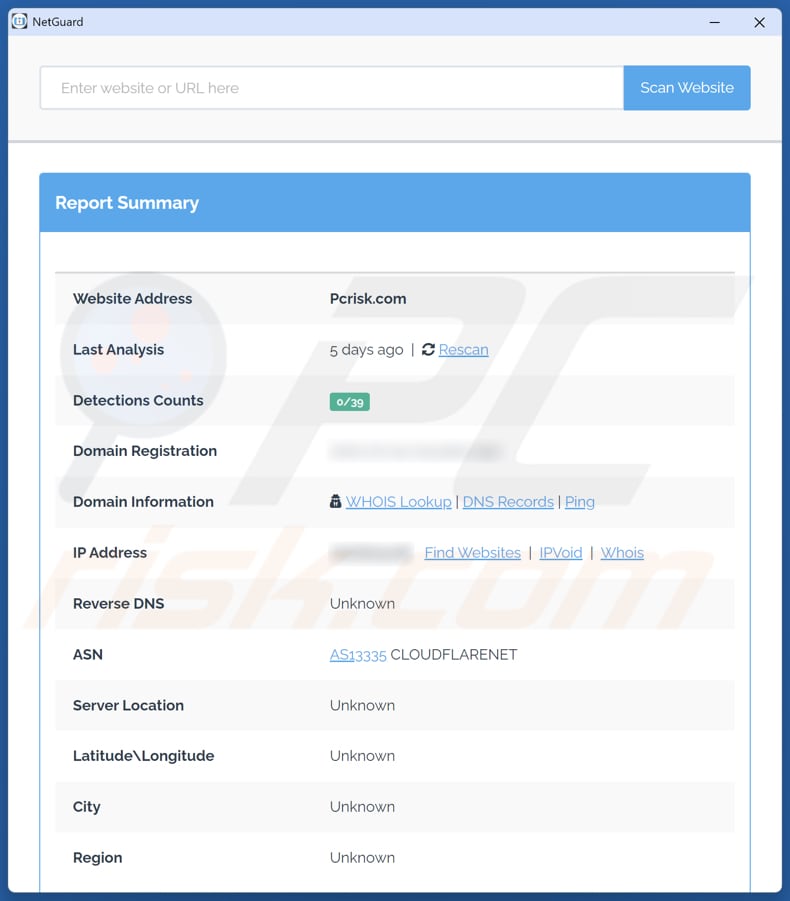 NetGuard resultados da aplicação potencialmente indesejada depois de introduzir o URL