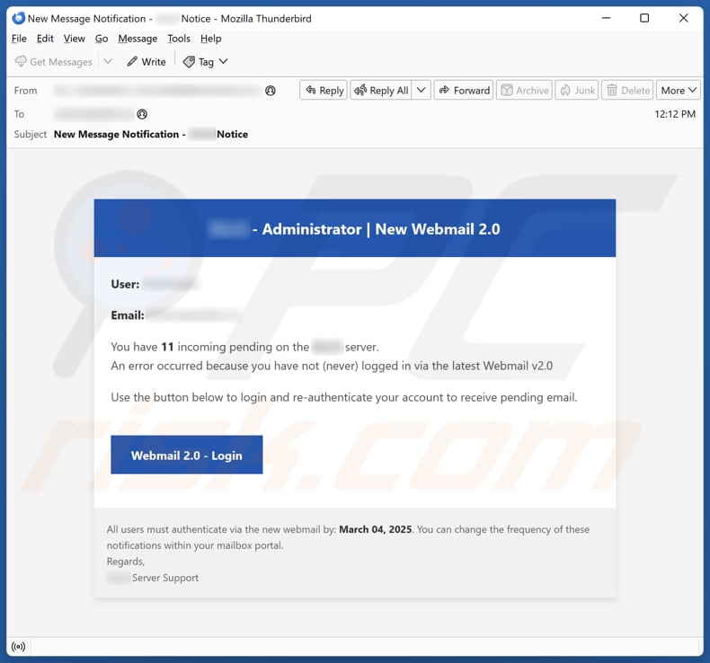 New Webmail 2.0 campanha de spam por correio eletrónico