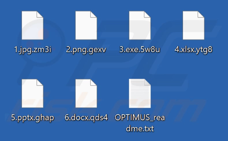 Ficheiros encriptados pelo ransomware Optimus (extensão aleatória)
