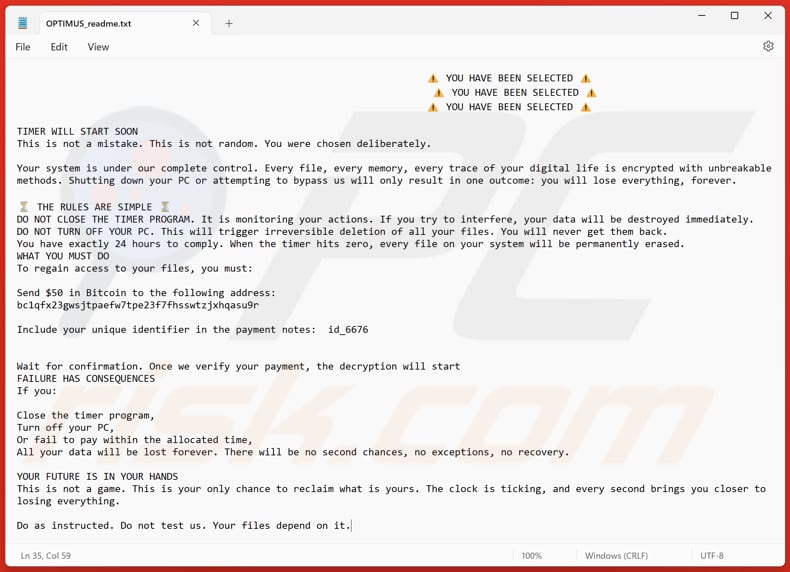 Optimus ransomware ficheiro de texto (OPTIMUS_readme.txt)