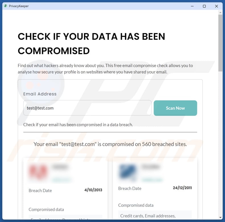 PrivacyKeeper Potentially Unwanted Application mostra os resultados da verificação