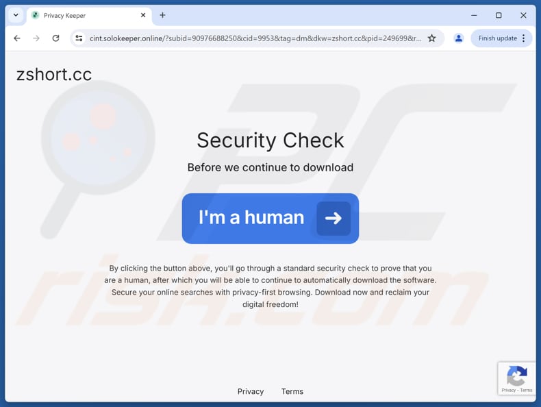 Website utilizado para promover a aplicação potencialmente indesejada PrivacyKeeper