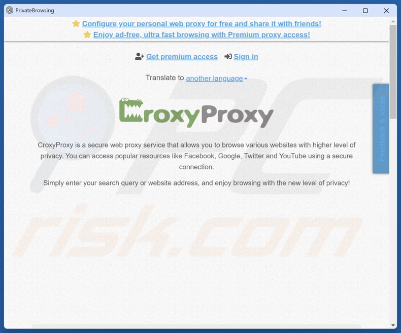 PrivateBrowsing resultados após a introdução do endereço do sítio web