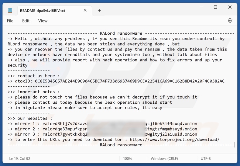 RALord ransomware nota de resgate (README-[cadeia_aleatória].txt)