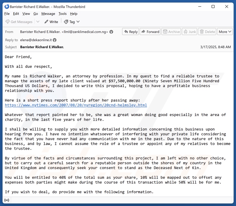 Reliable Trustee campanha de spam por correio eletrónico