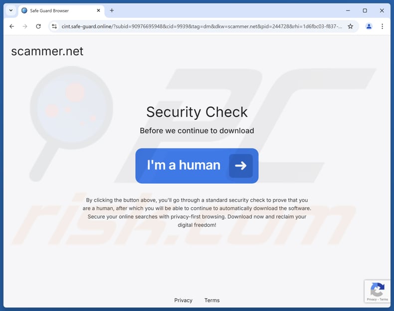 Sítio Web utilizado para promover SafeGuard Browser Aplicação potencialmente indesejada