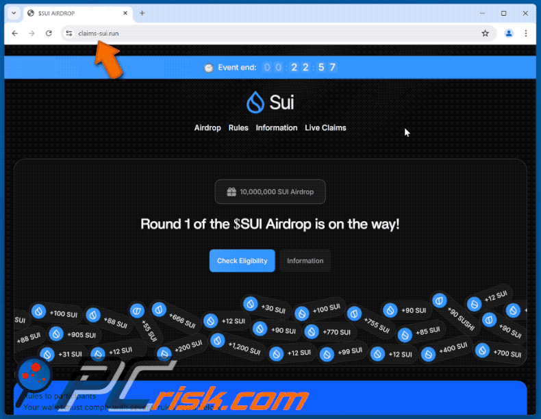 Aparência de $SUI Airdrop fraude (GIF)