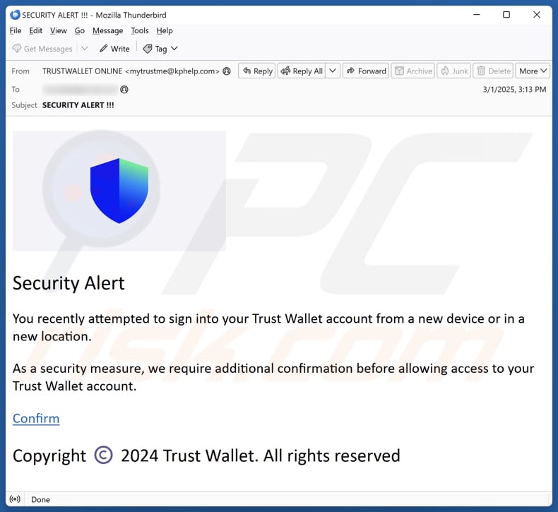 Trust Wallet Sign-In Attempt campanha de spam por correio eletrónico