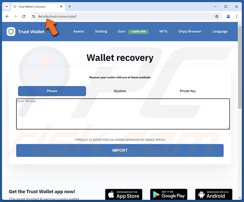 Trust Wallet Sign-In Attempt Página de phishing do Email Scam