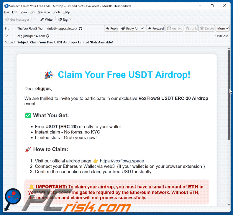 VoxFlowG USDT Airdrop aparência de e-mail fraudulento (GIF)