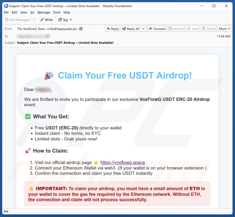 VoxFlowG USDT Airdrop campanha de spam por correio eletrónico