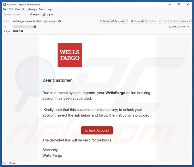 Wells Fargo - Account Suspended campanha de spam por correio eletrónico