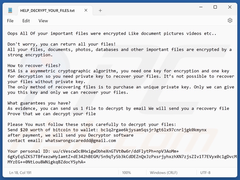 Worry (WhatsWrongScared) ransomware nota de resgate (HELP_DECRYPT_YOUR_FILES.txt)