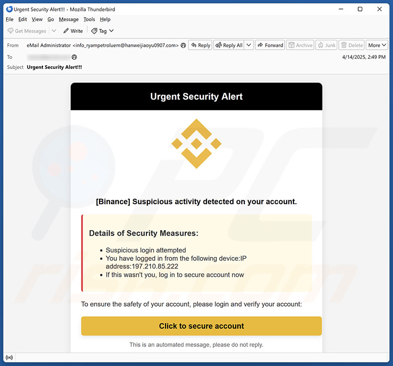Binance - Urgent Security Alert campanha de spam por e-mail