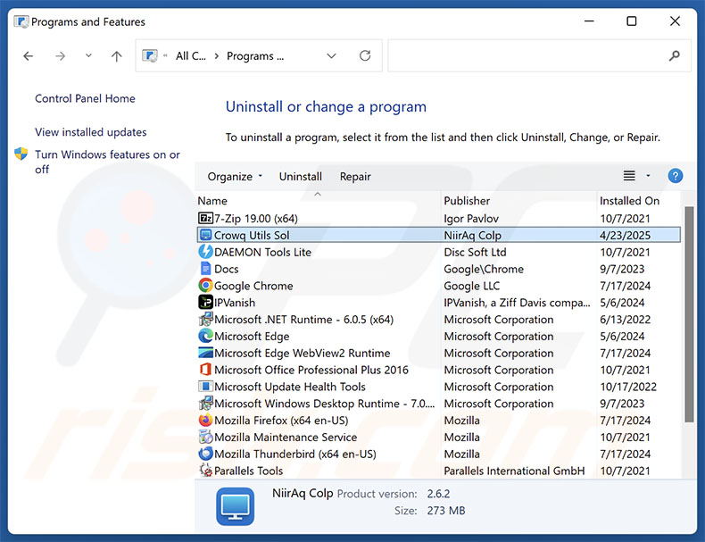 Desinstalar o Crowq Utils Sol através do Painel de Controlo