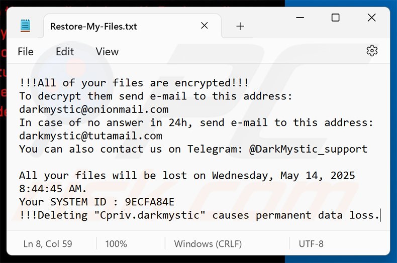 DarkMystic (BlackBit) ransomware ficheiro de texto (Restore-My-Files.txt)