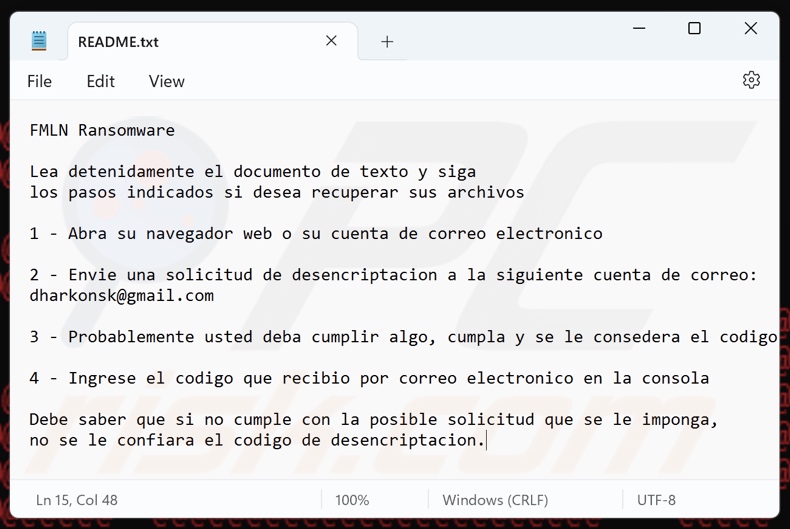 FMLN ransomware ficheiro de texto (README.txt)