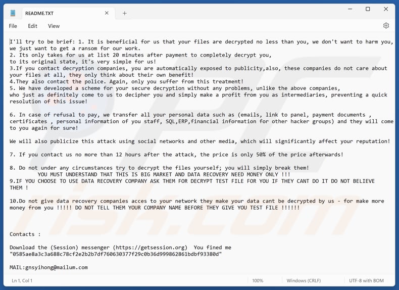Ficheiro de texto do ransomware Gnsyihong (README.TXT)
