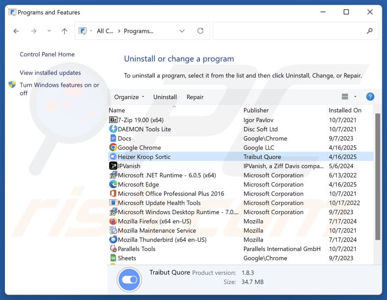 Desinstalar o Heizer Kroop Sortic através do Painel de Controlo