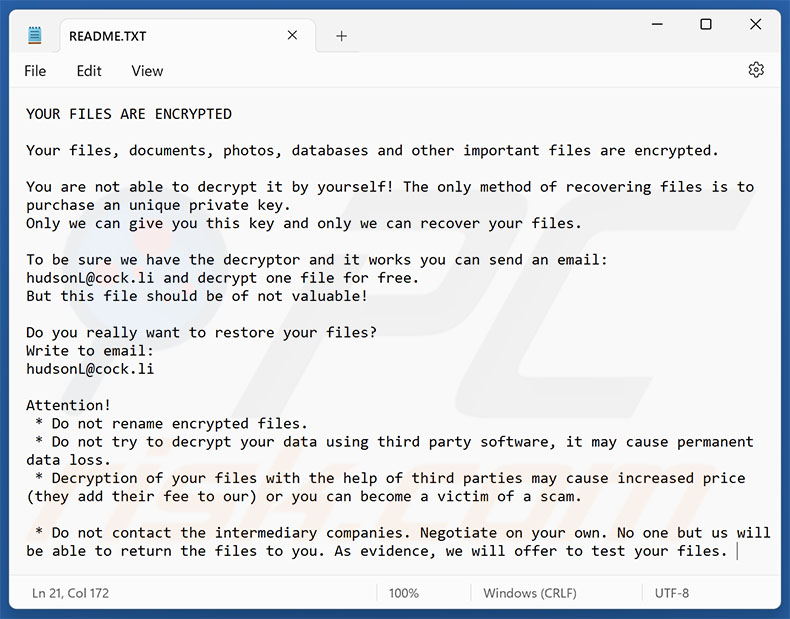 Hudson ransomware nota de resgate (README.TXT)