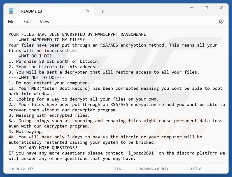 Nanocrypt ransomware ficheiro de texto (README.txt)