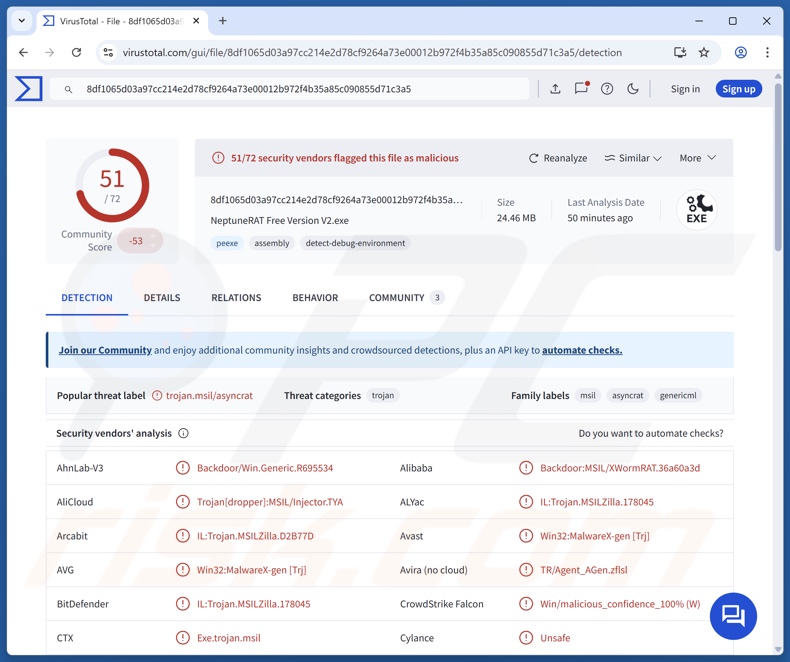 Neptune malware detecções no VirusTotal