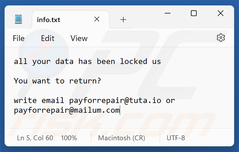 PayForRepair ransomware ficheiro de texto (info.txt)