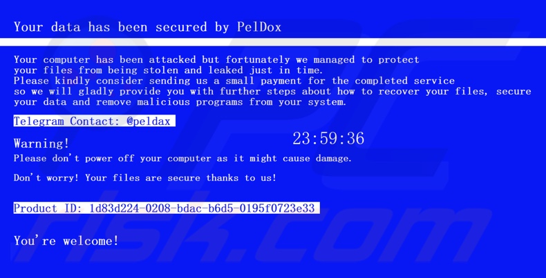 PelDox ransomware nota de resgate (mensagem em ecrã inteiro)