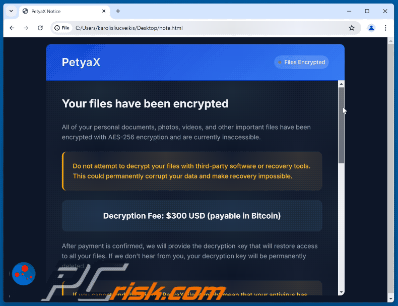 Nota de resgate do ransomware PetyaX (note.html) GIF