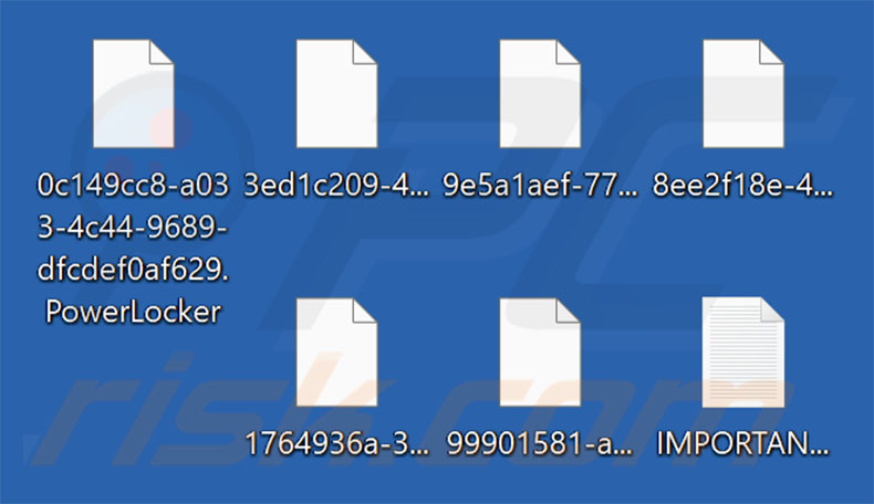 Ficheiros encriptados pelo ransomware PowerLocker ([sequência_aleatória_de_caracteres.PowerLocker - padrão de renomeação de ficheiros)
